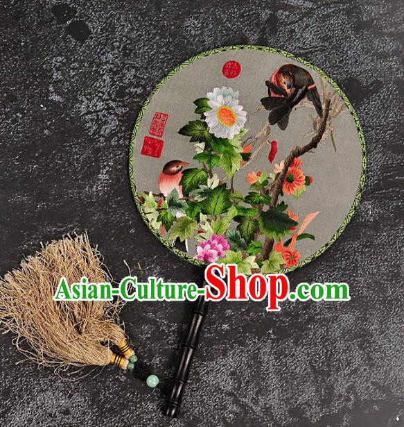 Chinese Traditional Embroidered Palace Fans Craft Handmade Embroidery Chrysanthemum Birds Round Fan Silk Fan