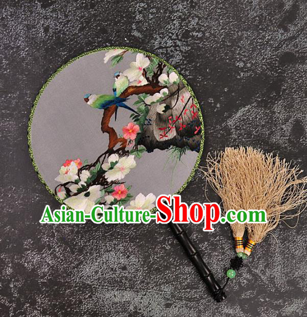 Chinese Traditional Embroidered Peach Blossom Palace Fans Craft Handmade Embroidery Birds Round Fan Silk Fan