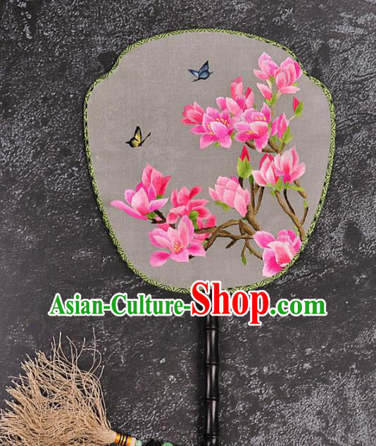 Chinese Traditional Embroidered Yulan Magnolia Silk Fans Craft Handmade Embroidery Palace Fan