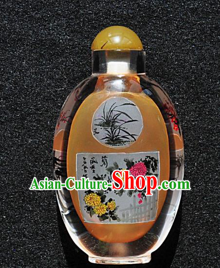 Chinese Handmade Glass Yellow Snuff Bottle Craft Traditional Inside Painting Orchid Chrysanthemum Snuff Bottles Artware