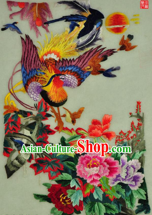 Traditional Chinese Embroidered Phoenix Peony Decorative Painting Hand Embroidery Silk Wall Picture Craft