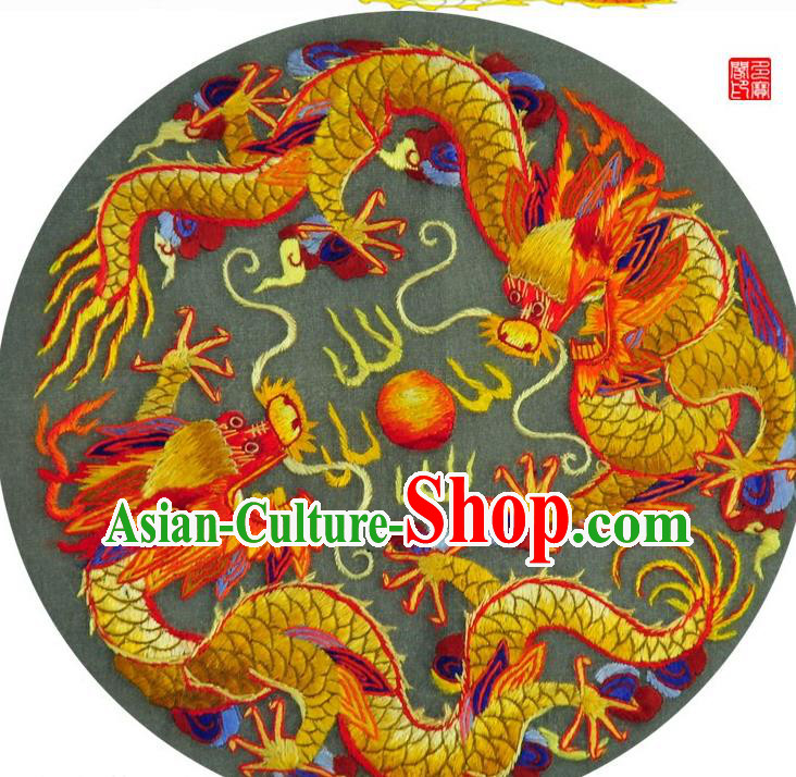 Traditional Chinese Embroidered Double Dragons Decorative Painting Hand Embroidery Silk Round Wall Picture Craft