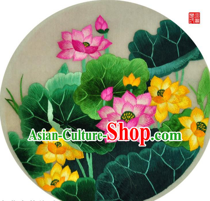 Traditional Chinese Embroidered Lotus Decorative Painting Hand Embroidery Silk Round Wall Picture Craft