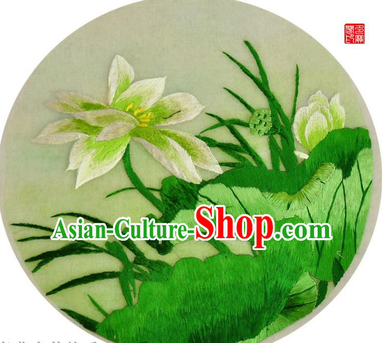 Traditional Chinese Embroidered Green Lotus Decorative Painting Hand Embroidery Silk Round Wall Picture Craft