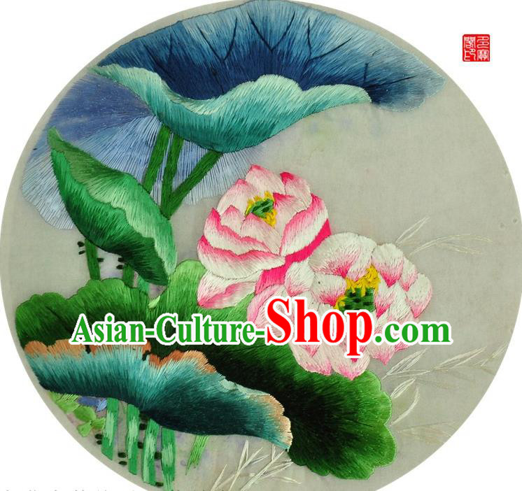 Traditional Chinese Embroidered Pink Lotus Decorative Painting Hand Embroidery Silk Round Wall Picture Craft