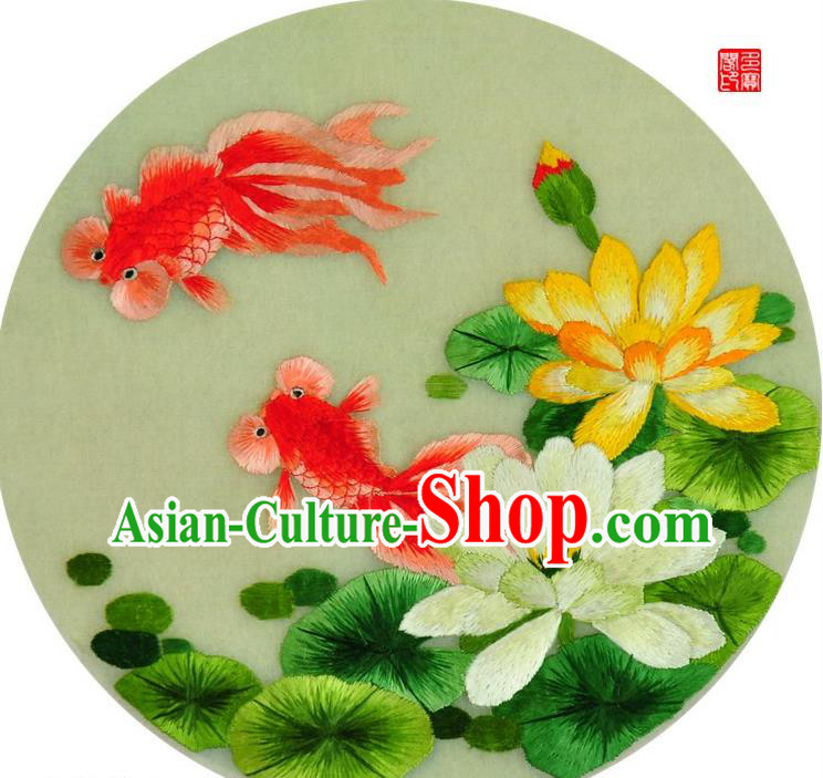 Traditional Chinese Embroidered Goldfish Lotus Decorative Painting Hand Embroidery Silk Round Wall Picture Craft