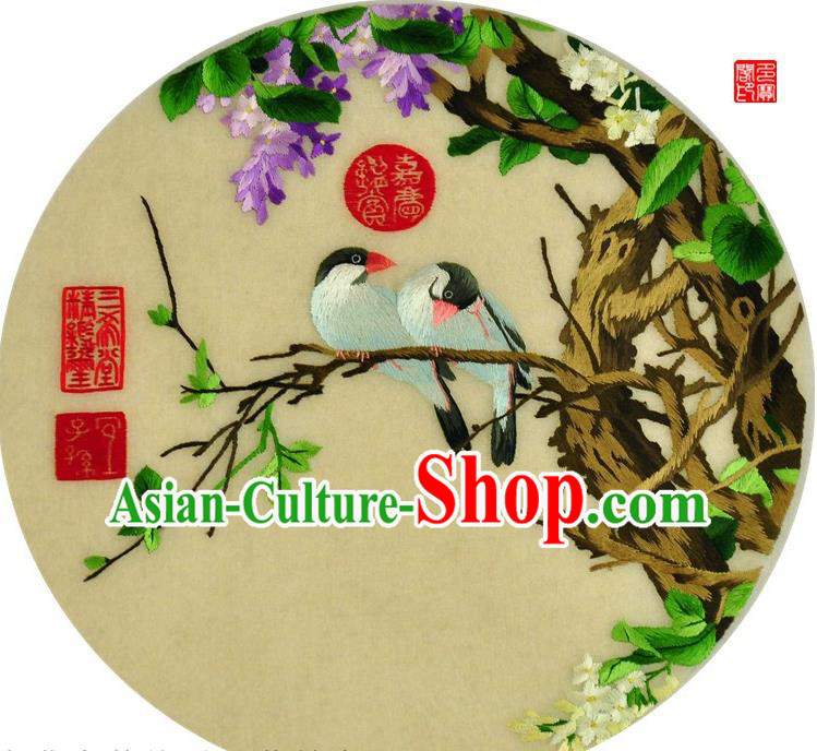 Traditional Chinese Embroidered Purple Flower Bird Decorative Painting Hand Embroidery Silk Round Wall Picture Craft