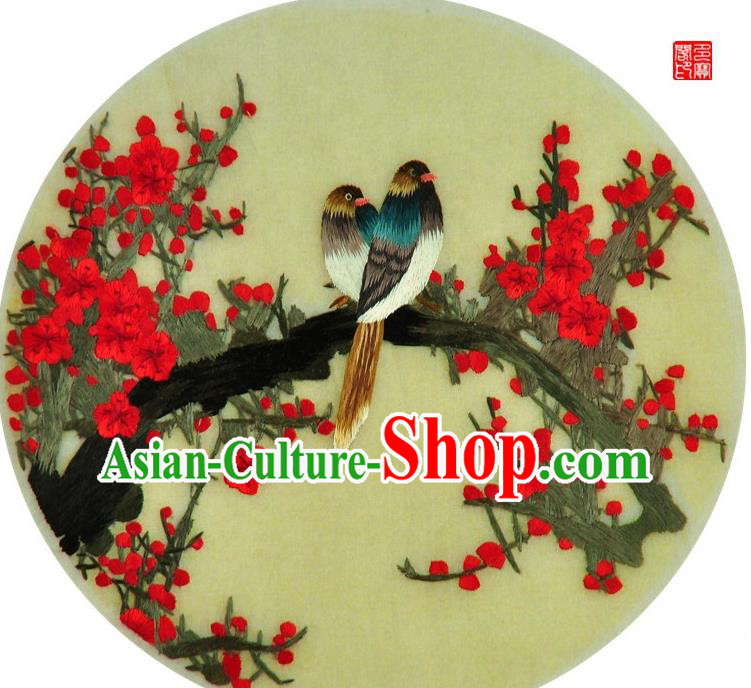 Traditional Chinese Embroidered Plum Flowers Bird Decorative Painting Hand Embroidery Silk Round Wall Picture Craft