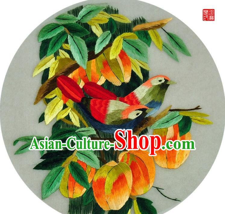 Traditional Chinese Embroidered Persimmon Bird Decorative Painting Hand Embroidery Silk Round Wall Picture Craft