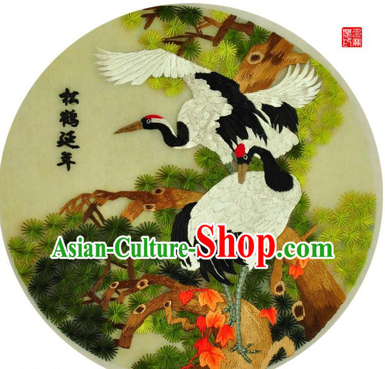 Traditional Chinese Embroidered Crane Pine Decorative Painting Hand Embroidery Silk Round Wall Picture Craft