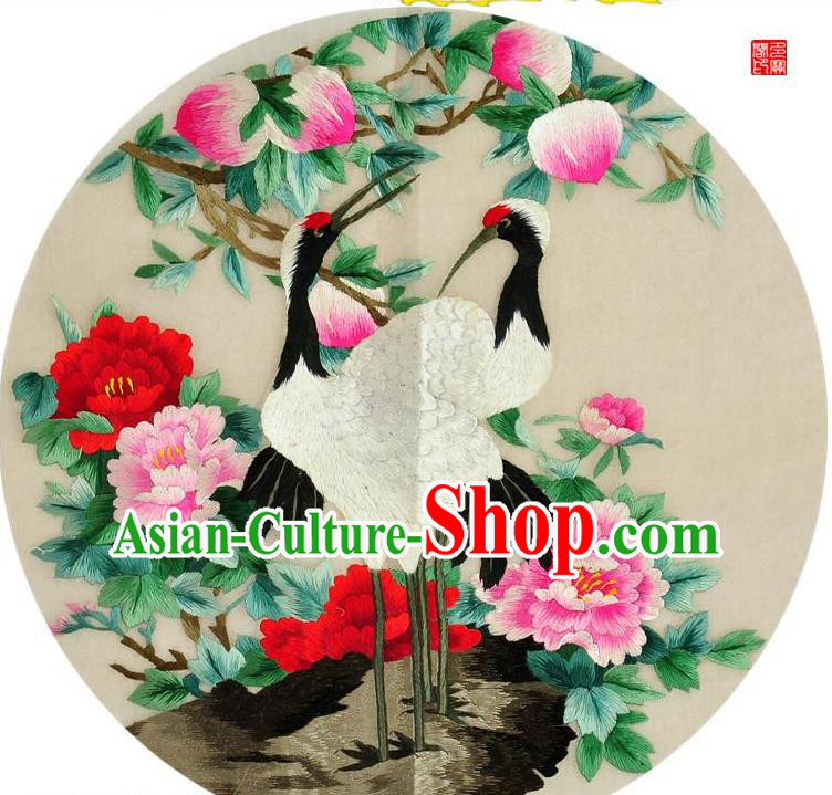 Traditional Chinese Embroidered Crane Peony Decorative Painting Hand Embroidery Peach Silk Round Wall Picture Craft