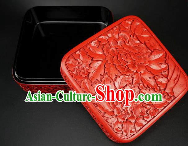 Traditional Chinese Carving Peony Flowers Lacquerware Hand Red Square Rouge Box Craft