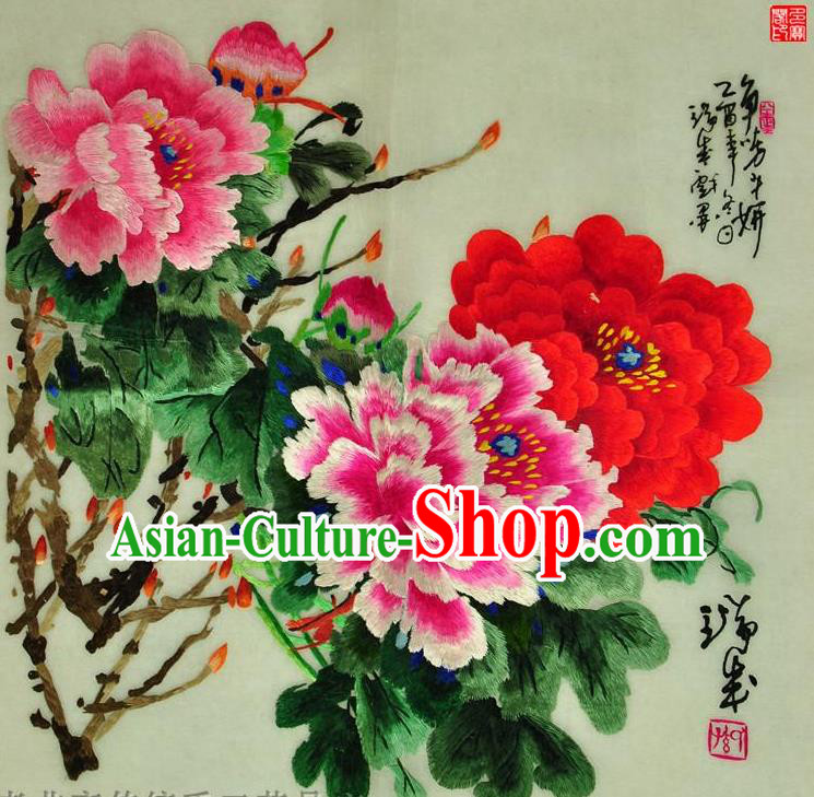 Traditional Chinese Embroidered Peony Flowers Decorative Painting Hand Embroidery Silk Wall Picture Craft