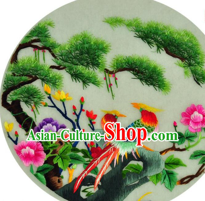 Traditional Chinese Embroidered Pine Decorative Painting Hand Embroidery Peony Birds Silk Wall Picture Craft