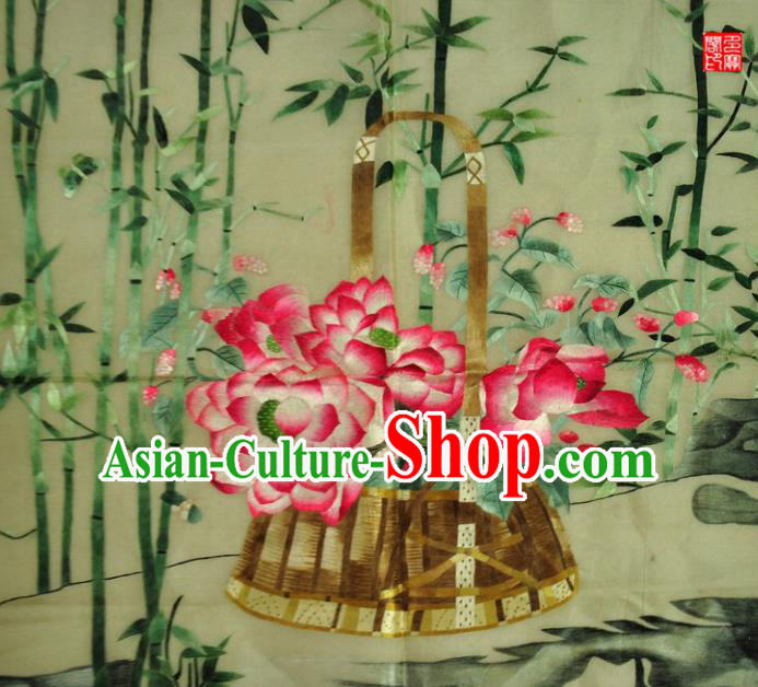 Traditional Chinese Embroidered Pink Lotus Decorative Painting Hand Embroidery Bamboo Silk Wall Picture Craft