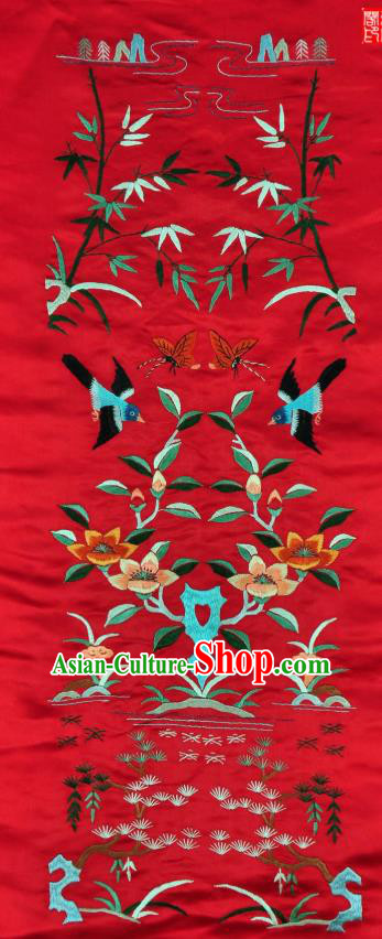 Traditional Chinese Embroidered Flowers Bird Decorative Painting Hand Embroidery Pine Red Silk Wall Picture Craft