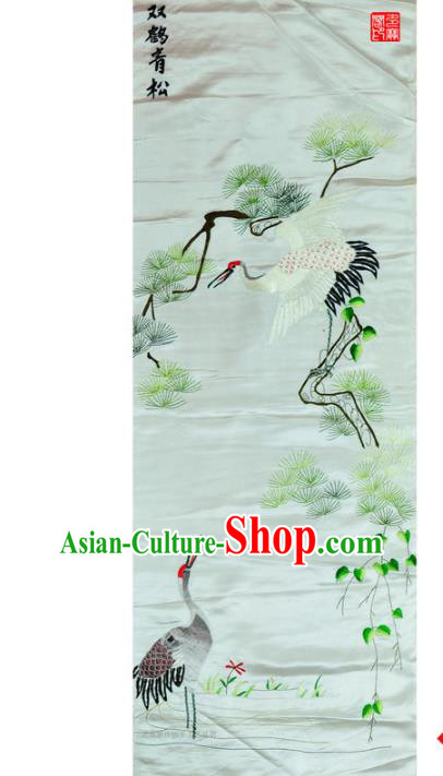 Traditional Chinese Embroidered Double Cranes Decorative Painting Hand Embroidery Pine White Silk Wall Picture Craft