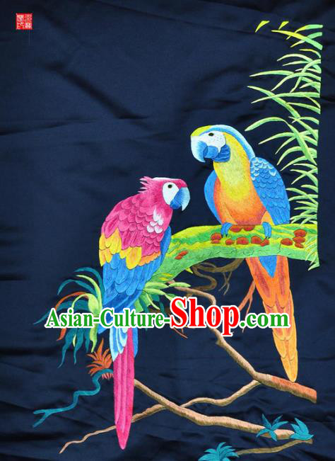 Traditional Chinese Embroidered Parrot Decorative Painting Hand Embroidery Navy Silk Wall Picture Craft