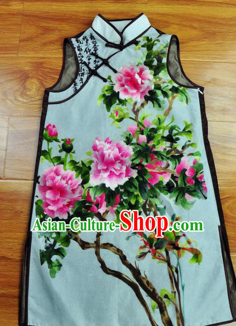 Traditional Chinese Embroidered Peony Vest Hand Su Embroidery Tang Suit Blue Silk Waistcoat for Women