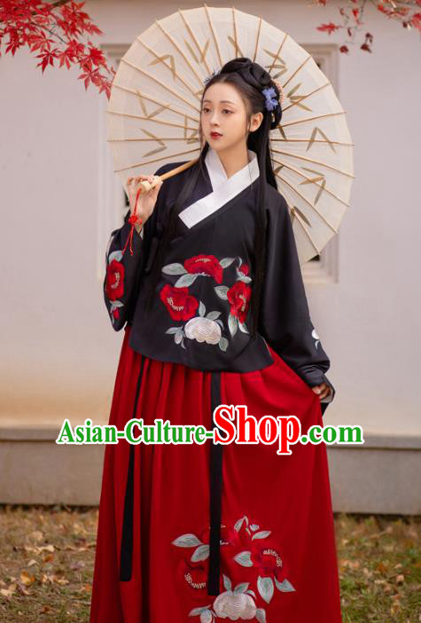 Chinese Ming Dynasty Princess Costumes Traditional Ancient Noble Lady Garment Hanfu Embroidered Black Blouse and Red Skirt Full Set