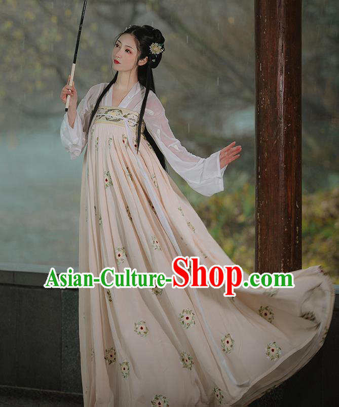 Chinese Traditional Tang Dynasty Princess Costumes Ancient Noble Lady Garment Hanfu Blouse and Apricot Dress Complete Set