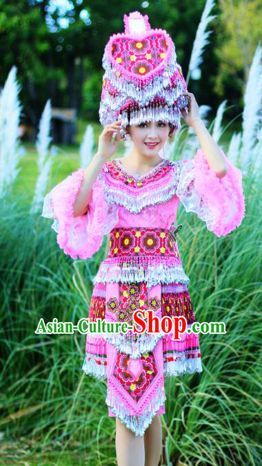 China Miao Ethnic Folk Dance Apparels Minority Stage Performance Costumes Yunnan Nationality Women Pink Short Dress and Headpiece