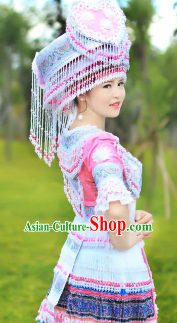 China Yao Nationality Folk Dance Short Dress Ethnic Women Apparels Miao Minority Costumes and Headdress