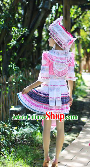 China Yao Nationality Folk Dance Short Dress Ethnic Women Apparels Miao Minority Costumes and Headdress