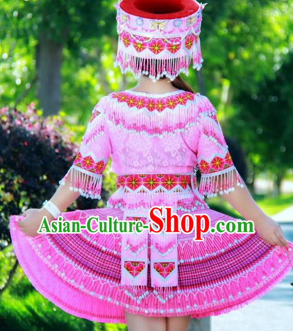 China Ethnic Folk Dance Pink Short Dress Miao Minority Costumes Miao Nationality Women Apparels and Headdress