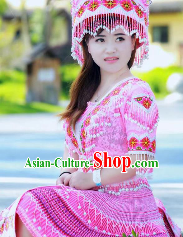 China Ethnic Folk Dance Pink Short Dress Miao Minority Costumes Miao Nationality Women Apparels and Headdress