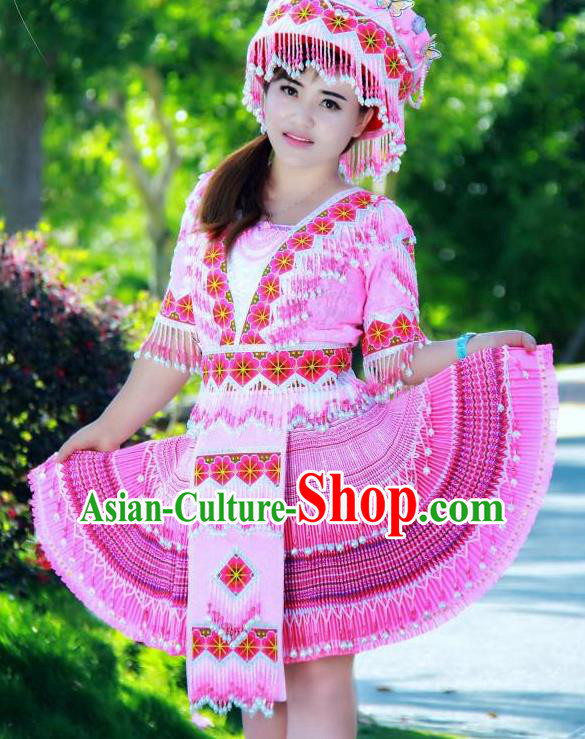 China Ethnic Folk Dance Pink Short Dress Miao Minority Costumes Miao Nationality Women Apparels and Headdress