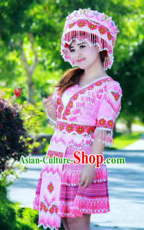 China Ethnic Folk Dance Pink Short Dress Miao Minority Costumes Miao Nationality Women Apparels and Headdress