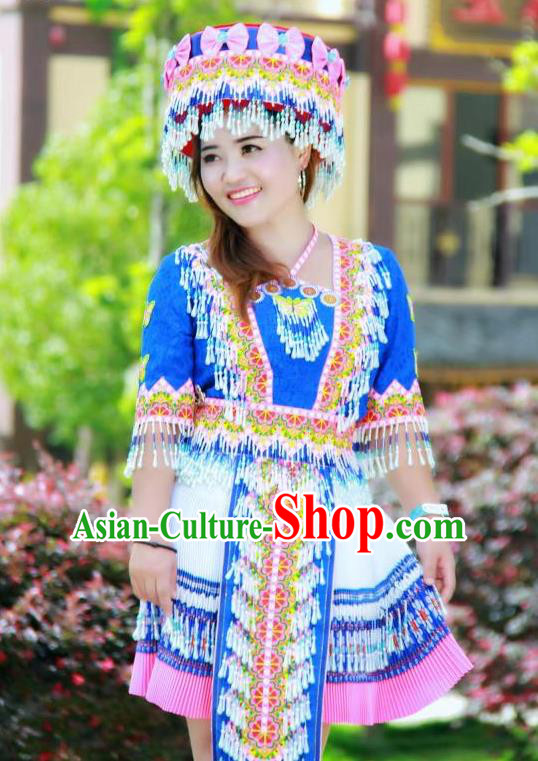 China Miao Ethnic Folk Dance Royalblue Short Dress Minority Nationality Costumes Women Apparels and Headwear