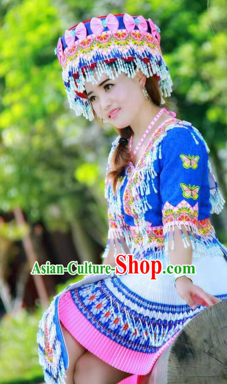 China Miao Ethnic Folk Dance Royalblue Short Dress Minority Nationality Costumes Women Apparels and Headwear