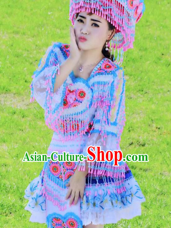 China Yunnan Ethnic Women Short Dress Miao Minority Nationality Costumes Women Folk Dance Apparels with Headpiece