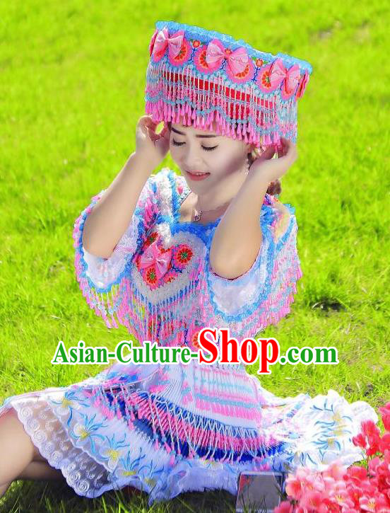 China Yunnan Ethnic Women Short Dress Miao Minority Nationality Costumes Women Folk Dance Apparels with Headpiece