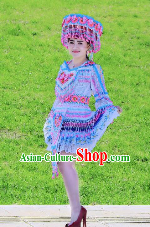 China Yunnan Ethnic Women Short Dress Miao Minority Nationality Costumes Women Folk Dance Apparels with Headpiece