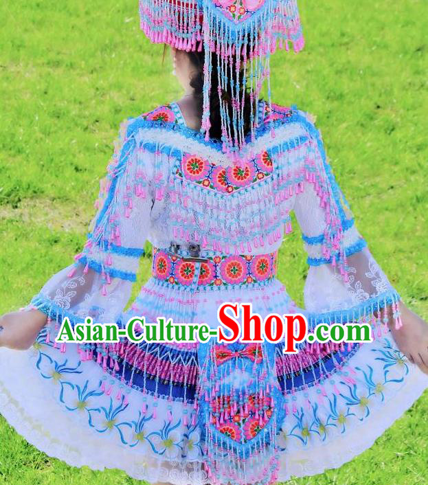 China Yunnan Ethnic Women Short Dress Miao Minority Nationality Costumes Women Folk Dance Apparels with Headpiece