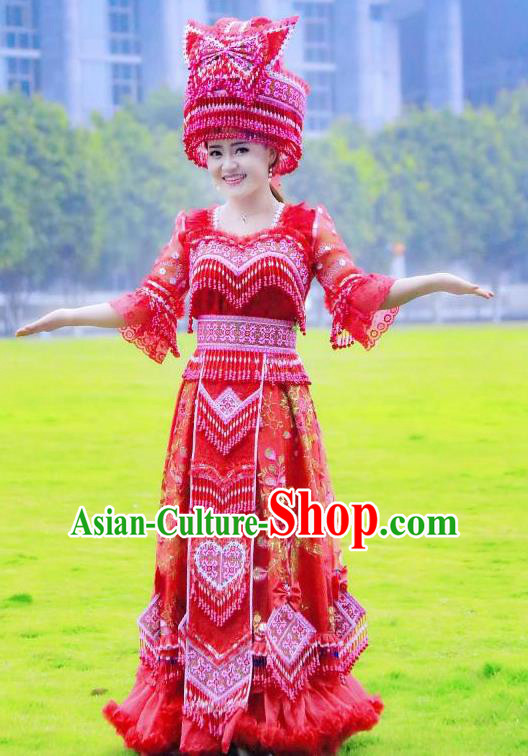 China Ethnic Women Red Wedding Dress Miao Minority Bride Costumes Yunnan Nationality Women Apparels with Headdress