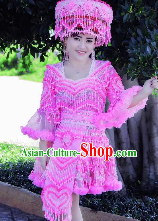 China Ethnic Women Pink Short Dress Yunnan Nationality Women Apparels Miao Minority Folk Dance Costumes with Headwear