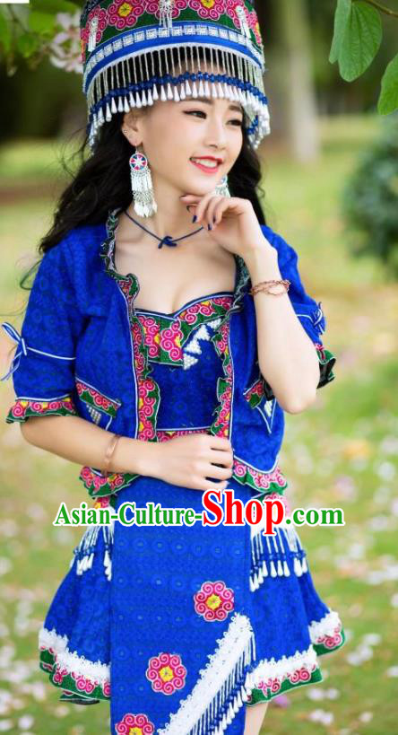 China Ethnic Folk Dance Sexy Short Dress Yunnan Nationality Apparels Miao Minority Women Clothing with Hat