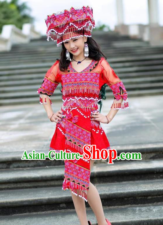 China Ethnic Princess Red Short Dress Miao Minority Women Clothing Yunnan Nationality Apparels with Hat