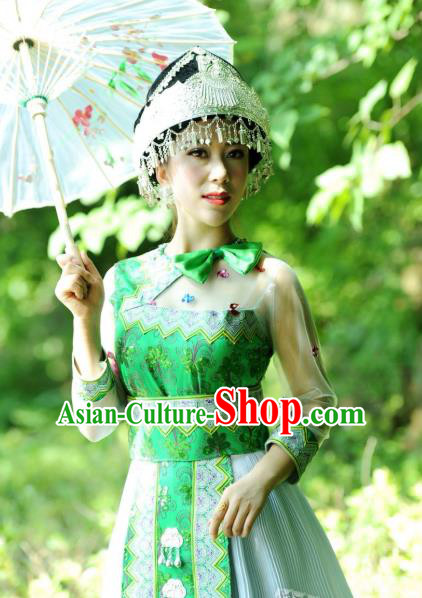 China Guangxi Yao Nationality Folk Dance Apparels Minority Women Clothing Ethnic Green Short Dress and Hat