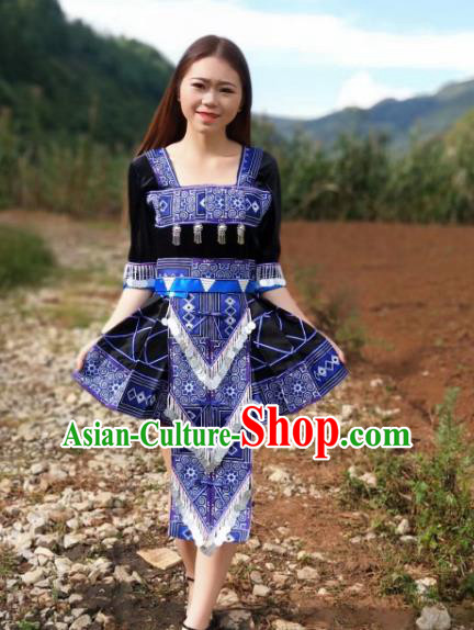 China Yao Nationality Folk Dance Apparels Minority Clothing Ethnic Women Navy Short Dress