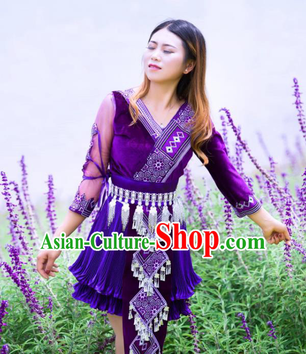 China Miao Minority Folk Dance Clothing Wenshan Ethnic Women Apparels Yunnan Nationality Purple Blouse and Short Skirt with Hat