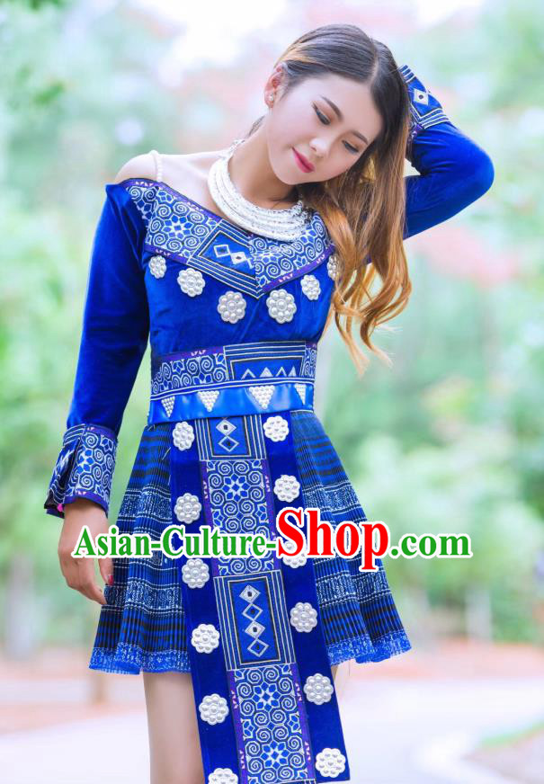 China Yunnan Nationality Royalblue Velvet Blouse and Short Skirt Miao Minority Folk Dance Clothing Wenshan Ethnic Women Apparels