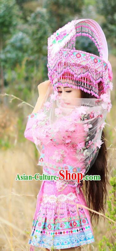 China Nationality Wedding Pink Blouse and Short Skirt Miao Minority Folk Dance Clothing Ethnic Bride Apparels and Headwear