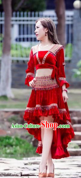 China Ethnic Women Apparels Miao Nationality Red Velvet Blouse and Short Skirt Minority Folk Dance Clothing