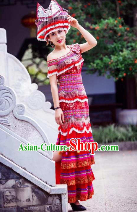 Yunnan Mengzi Ethnic Women Apparels Minority Wedding Red Long Dress China Miao Nationality Clothing and Headwear
