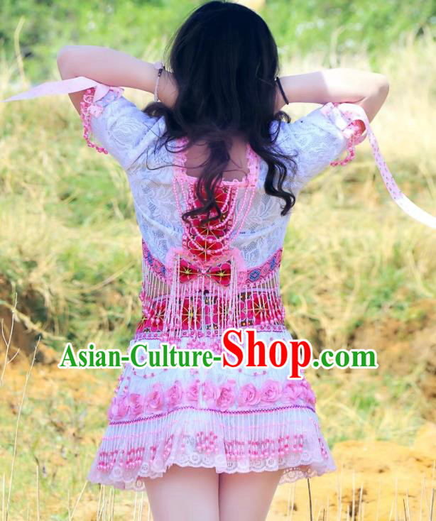 Wenshan Ethnic Dance Apparels China Miao Nationality Clothing Minority Women Beads Tassel Blouse and Short Skirt